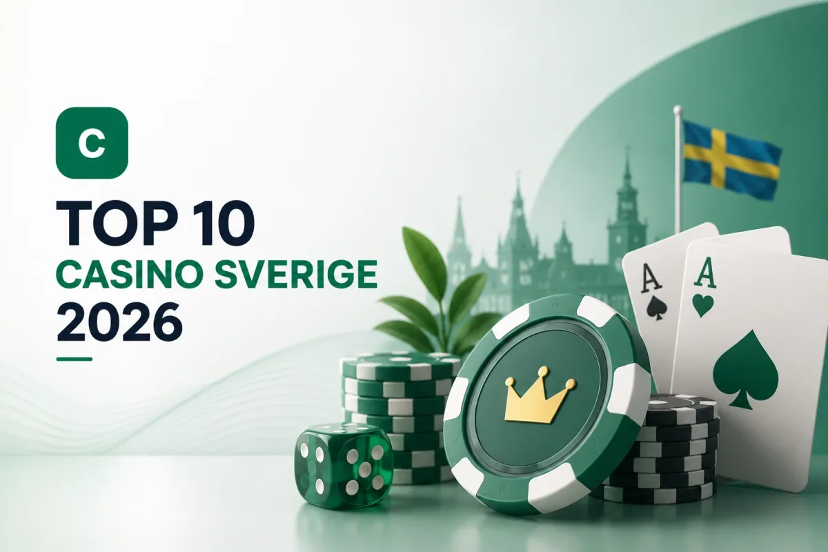 Grafik med spelmarker, tärningar, spelkort och svensk flagga framför en stiliserad Stockholmssiluett.